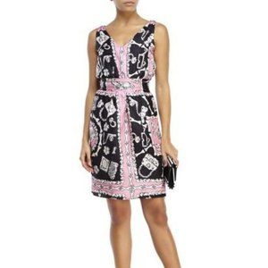 MOSCHINO Black and Pink V Neck Bones Prehistoric Print Silk Dress Cheap and Chic